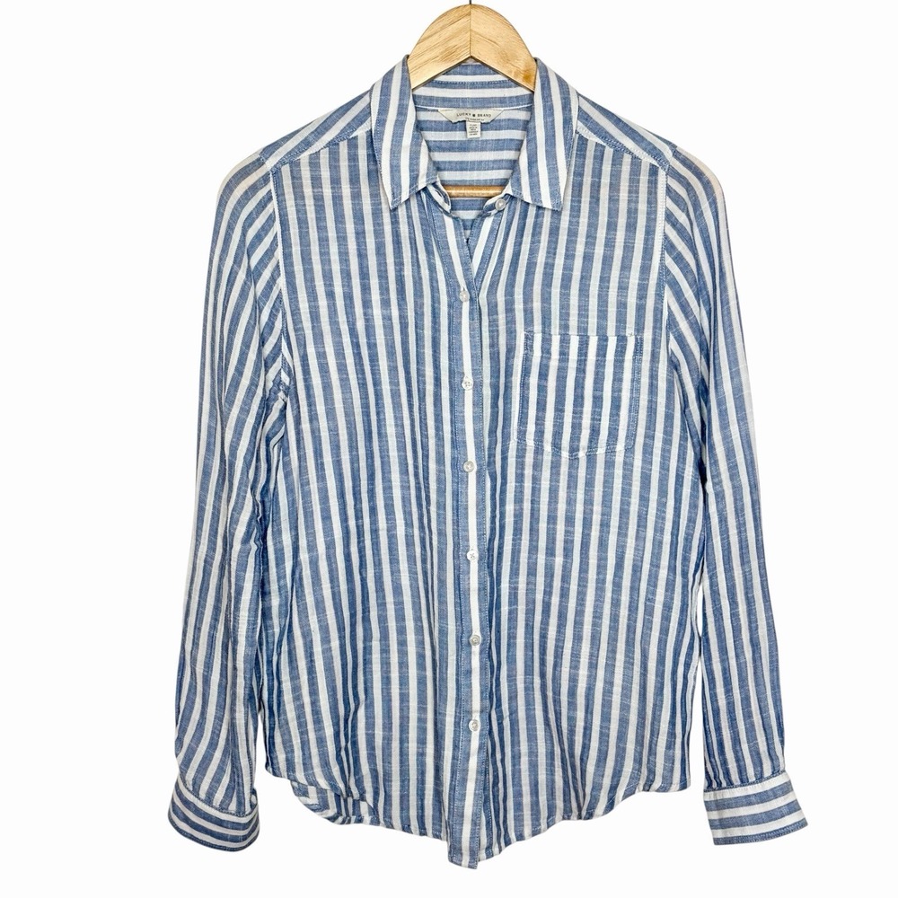 Lucky Brand Striped Shirt Blue Womens Small Coastal Fisherman Nautical Cotton